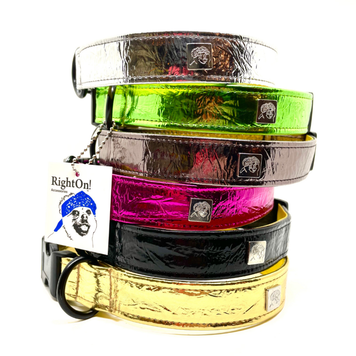 Stack of colorful dog collars with a 'Right On!' tag on a white background