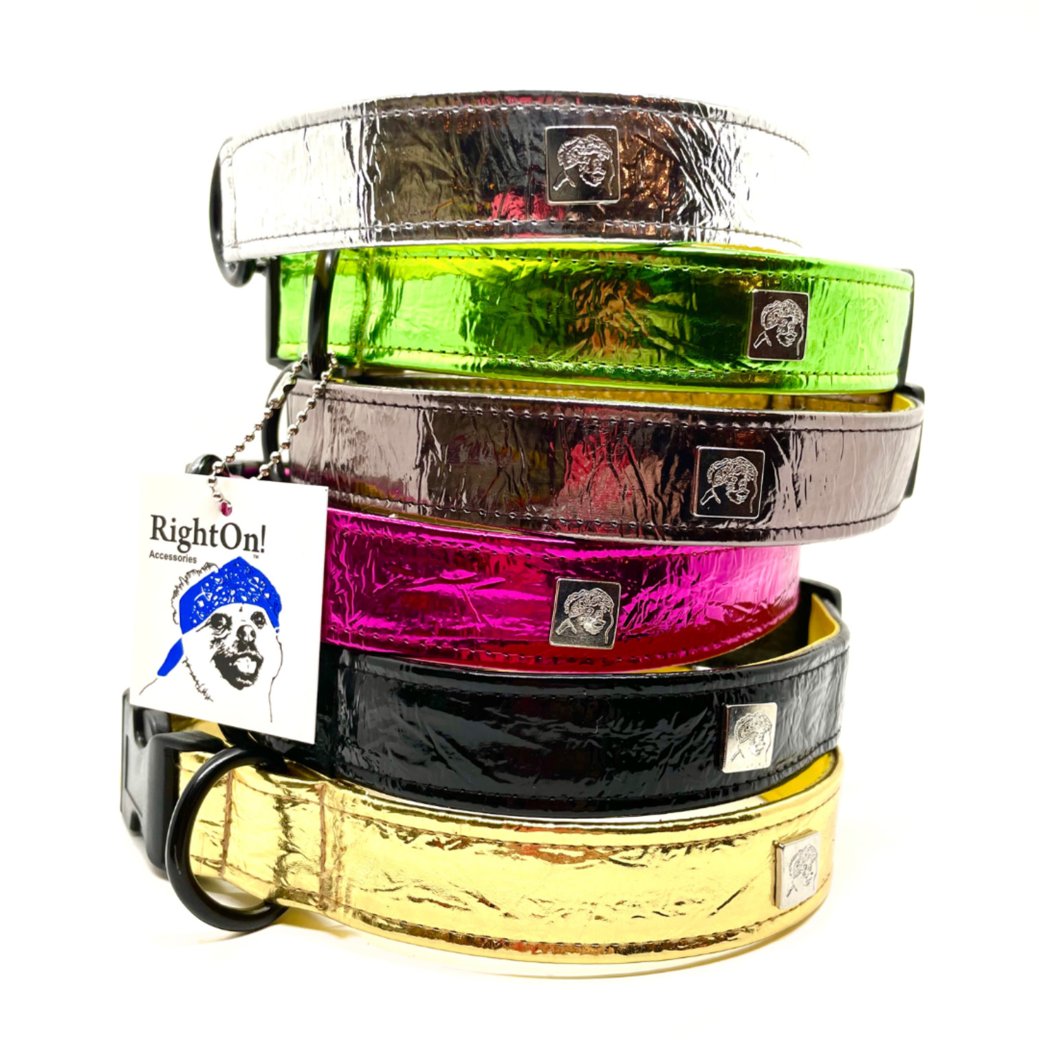 Stack of colorful dog collars with a 'Right On!' tag on a white background